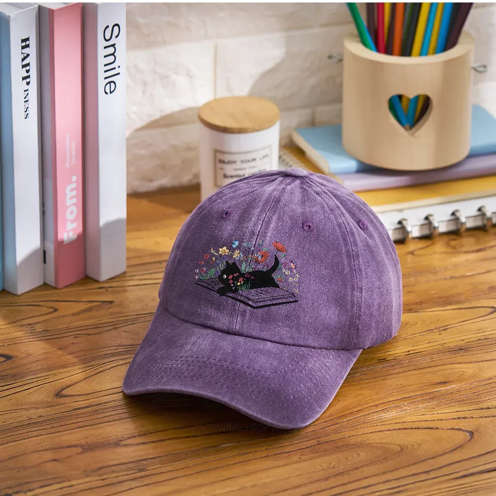 Pagewings Cute Book Cat Washed Cap