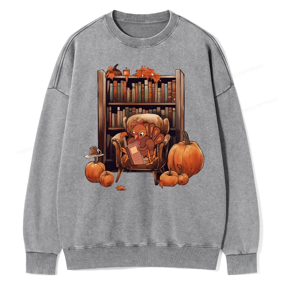 Pagewings Thanksgiving Turkey Reading Unisex Washed Sweatshirt