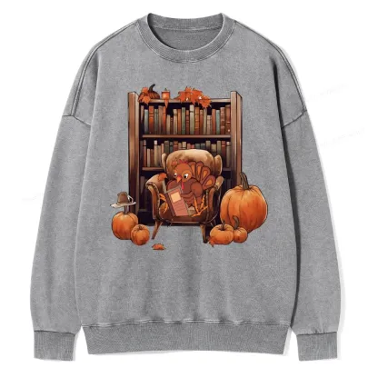Pagewings Thanksgiving Turkey Reading Unisex Washed Sweatshirt