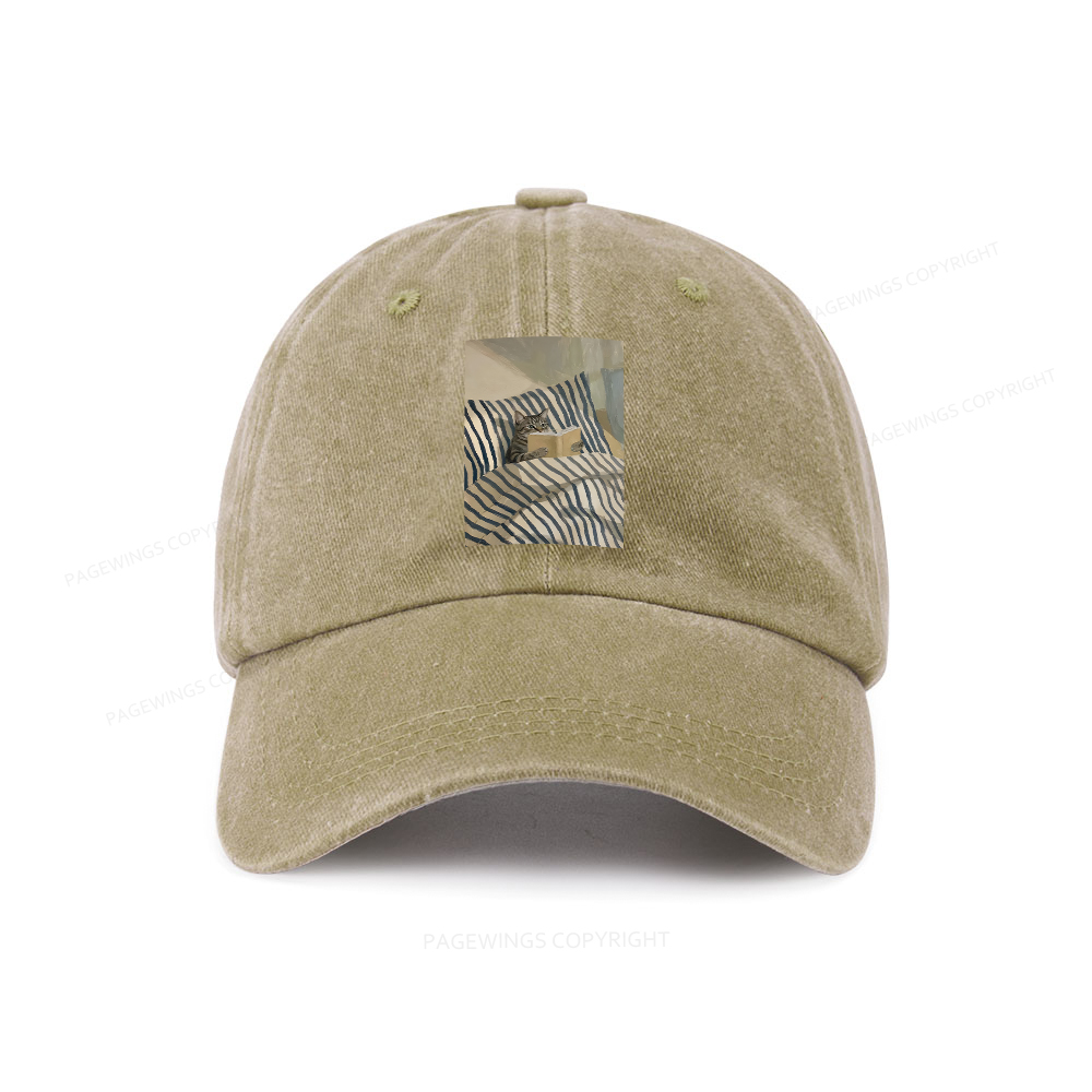 Pagewings Cat Reading Book In Bed Washed Cap