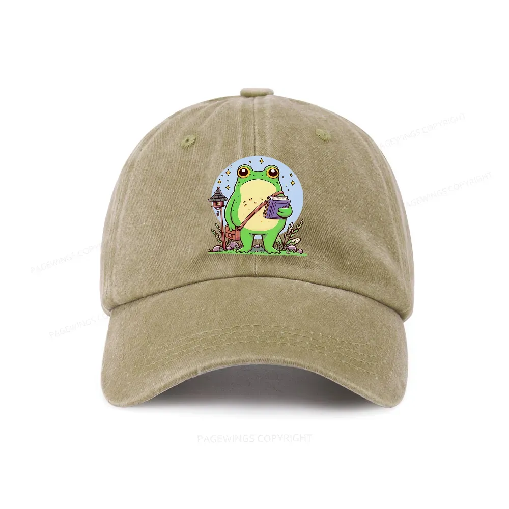 Pagewings Frog Reading Book Washed Cap