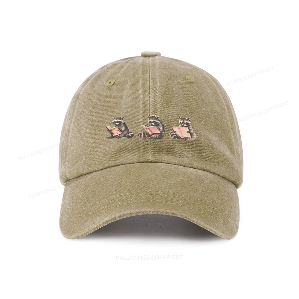 Pagewings Funny Raccoon Bookish Gift Washed Cap