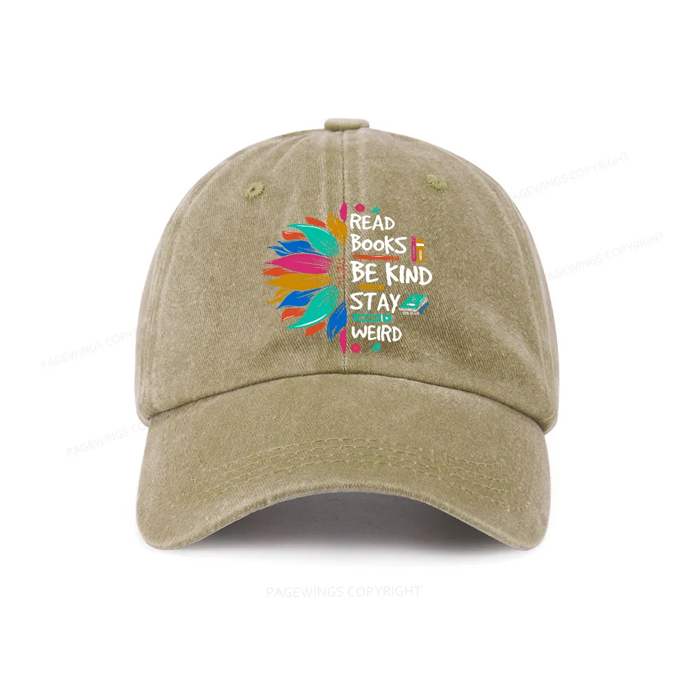 Pagewings Read Books Be Kind Stay Weird on Backpack Washed Cap