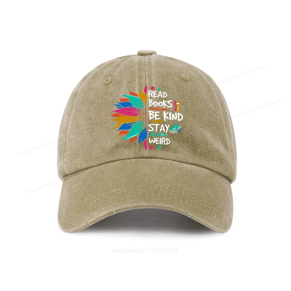 Pagewings Read Books Be Kind Stay Weird on Backpack Washed Cap
