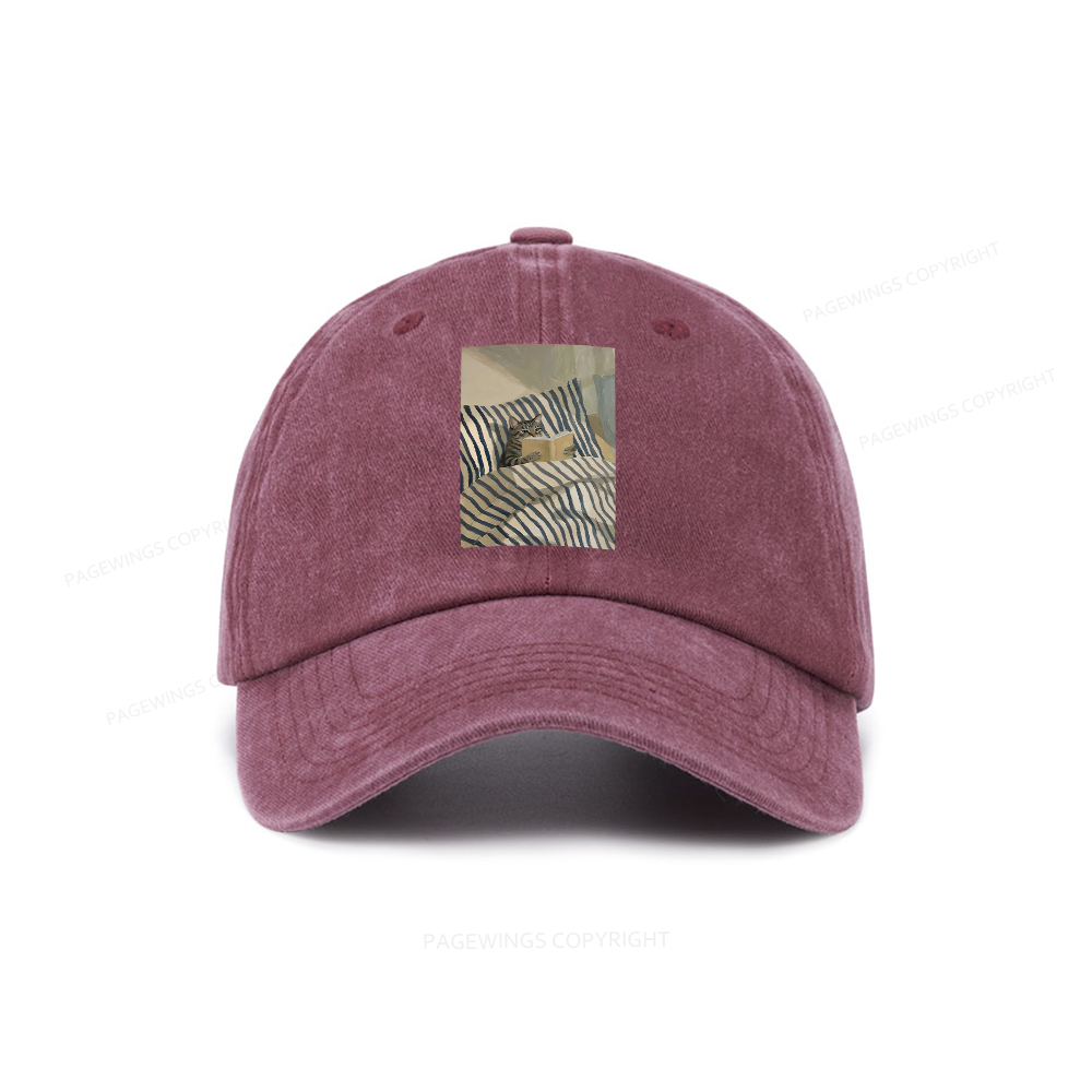 Pagewings Cat Reading Book In Bed Washed Cap