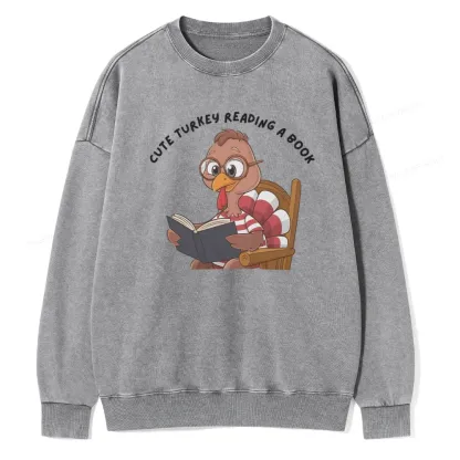 Pagewings Thanksgiving Turkey Reading A Book Unisex Washed Sweatshirt