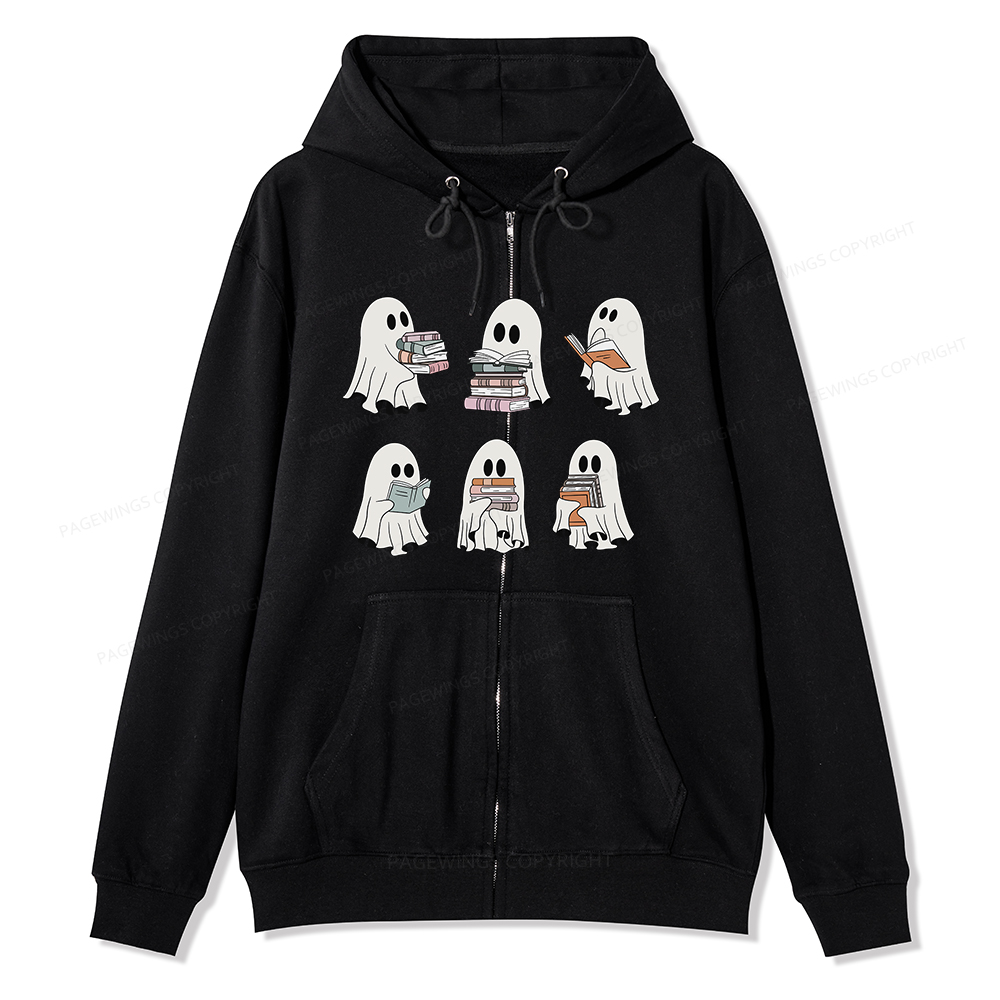 Pagewings Ghost Reading Halloween Unisex Fleece Zip Up Hoodie