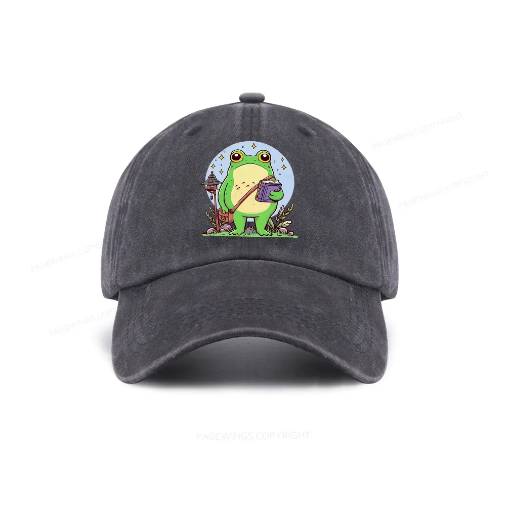 Pagewings Frog Reading Book Washed Cap