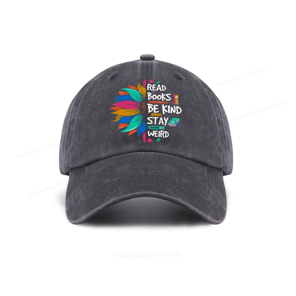 Pagewings Read Books Be Kind Stay Weird on Backpack Washed Cap