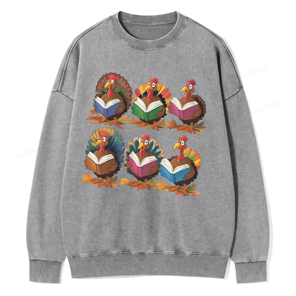 Pagewings Thanksgiving Fall Reading Turkey Unisex Washed Sweatshirt