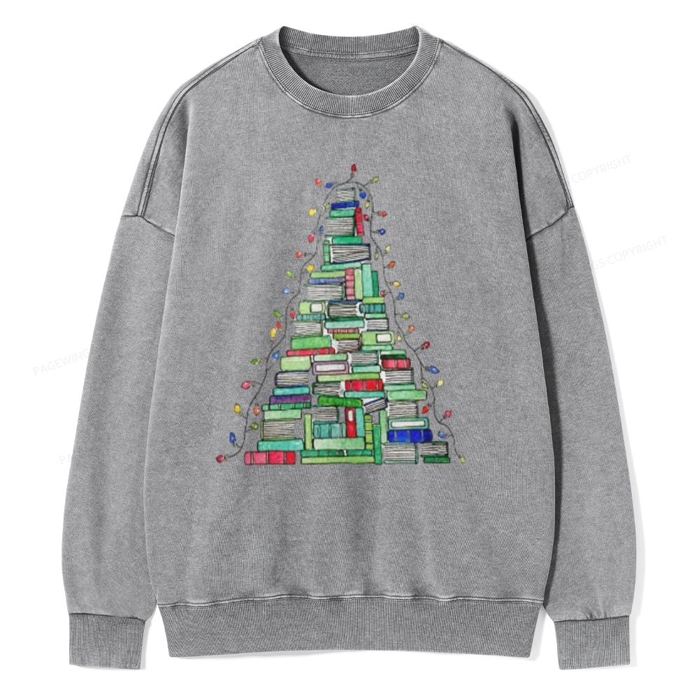 Pagewings Christmas Book Tree Unisex Washed Sweatshirt