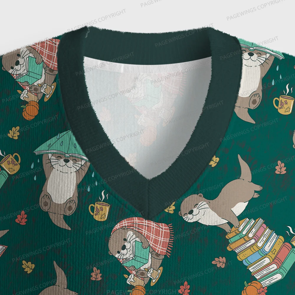 Pagewings Otter Loves Reading Unisex V-Neck Ugly Knit Vest