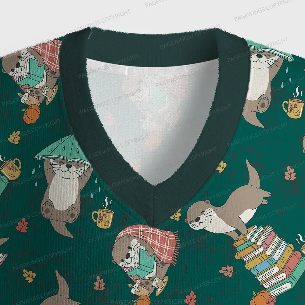 Pagewings Otter Loves Reading Unisex V-Neck Ugly Knit Vest