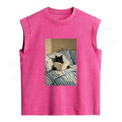 Pagewings Black Cat Reading in Bed Women's Washed Tank Top