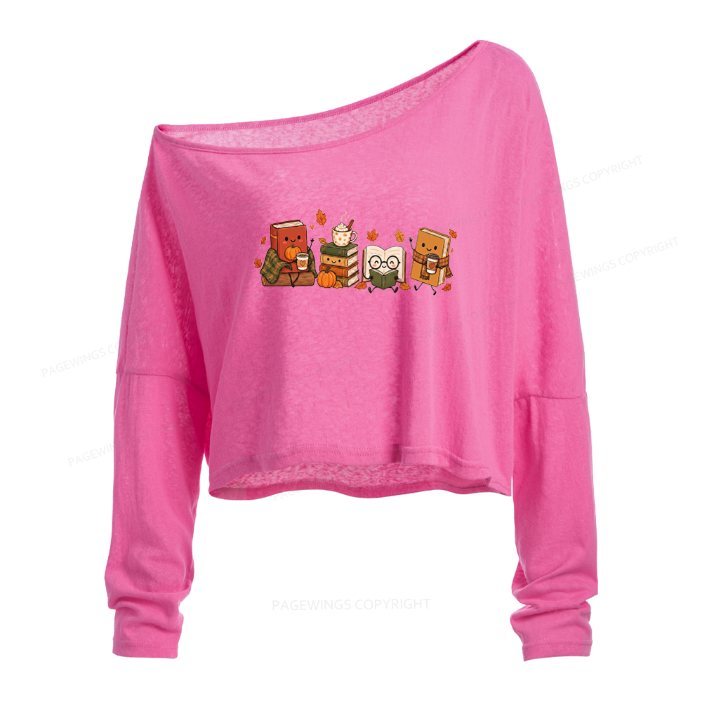 Pagewings Cozy Book Lover Slouchy Long Sleeve Off Shoulder T-shirt