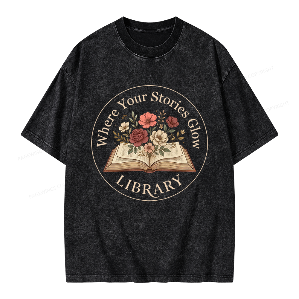 Pagewings Where Your Stories Glow Library Unisex Washed T-shirt