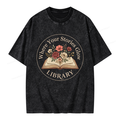 Pagewings Where Your Stories Glow Library Unisex Washed T-shirt