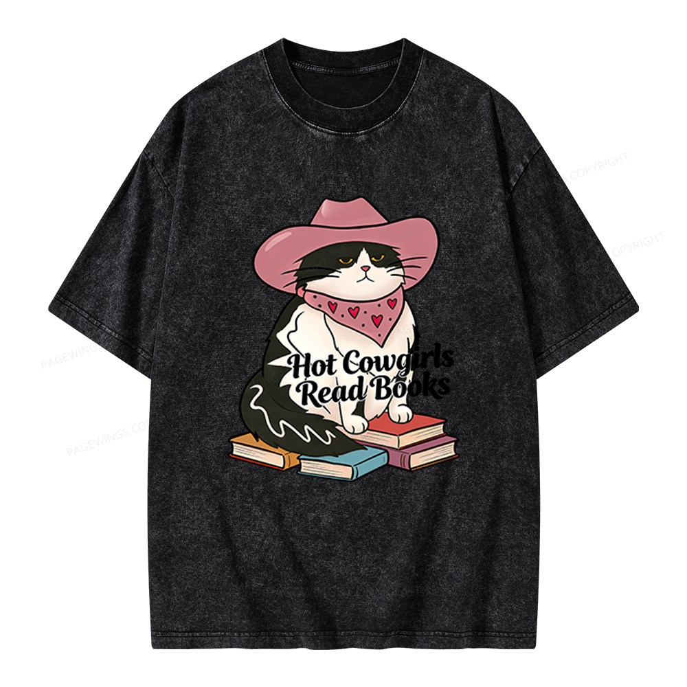 Pagewings Hot Cowgirls Read Books Unisex Washed T-shirt