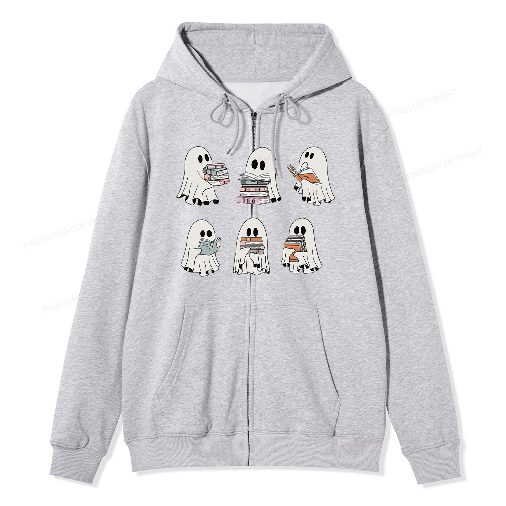 Pagewings Ghost Reading Halloween Unisex Fleece Zip Up Hoodie