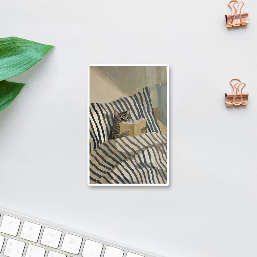 Pagewings Cat Reading Book In Bed Sticker