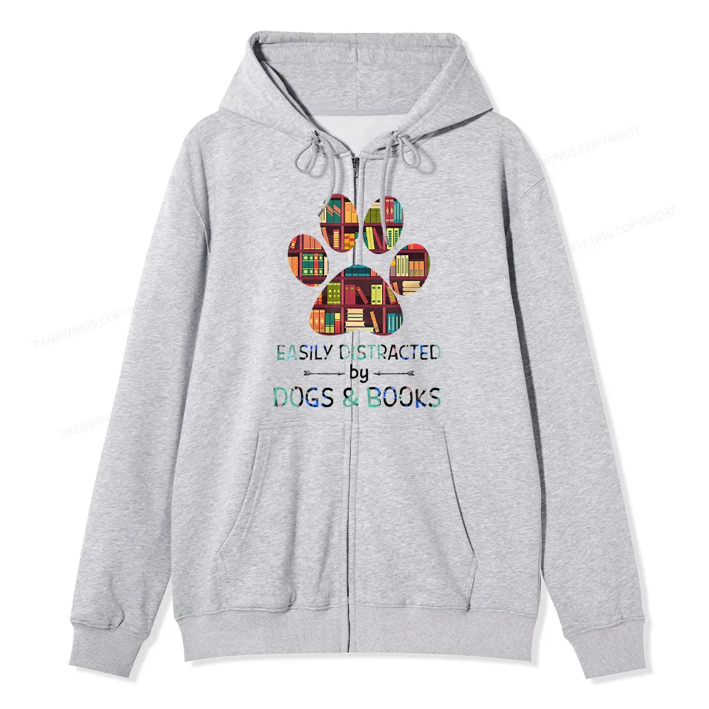Pagewings Easily Distracted By Dogs And Books Unisex Fleece Zip Up Hoodie