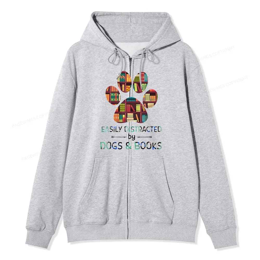 Pagewings Easily Distracted By Dogs And Books Unisex Fleece Zip Up Hoodie