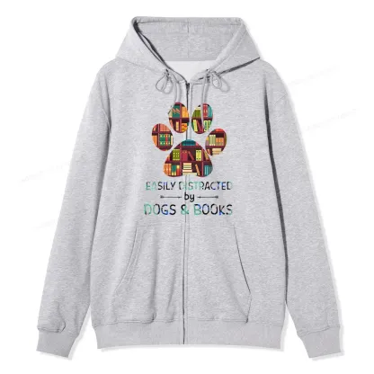 Pagewings Easily Distracted By Dogs And Books Unisex Fleece Zip Up Hoodie