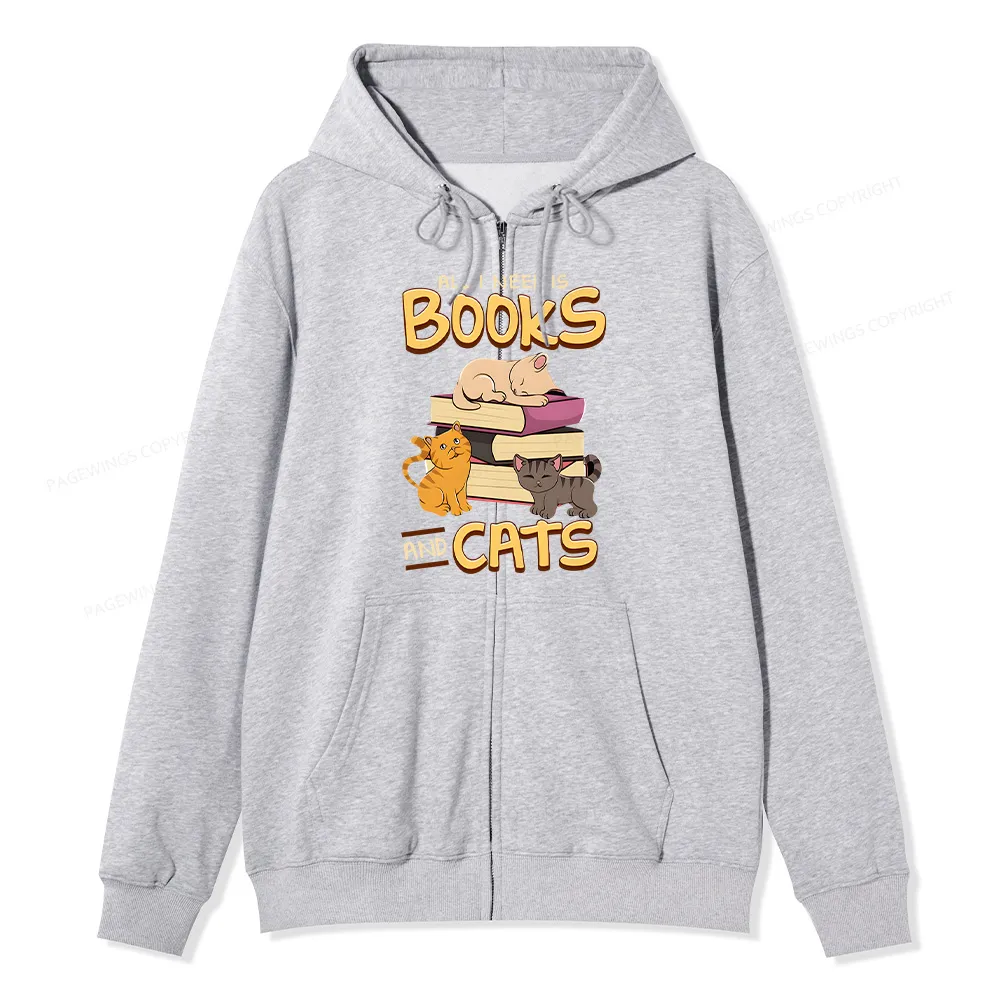 Pagewings All I Need Is Books And Cats Unisex Fleece Zip Up Hoodie
