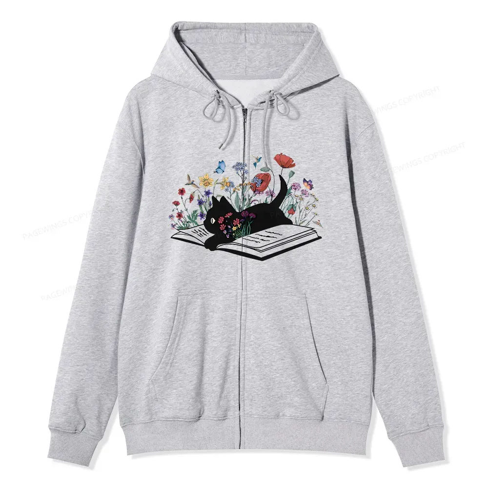 Pagewings Cute Book Cat Unisex Fleece Zip Up Hoodie