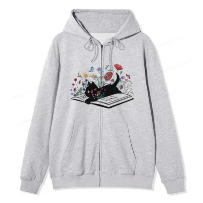 Pagewings Cute Book Cat Unisex Fleece Zip Up Hoodie