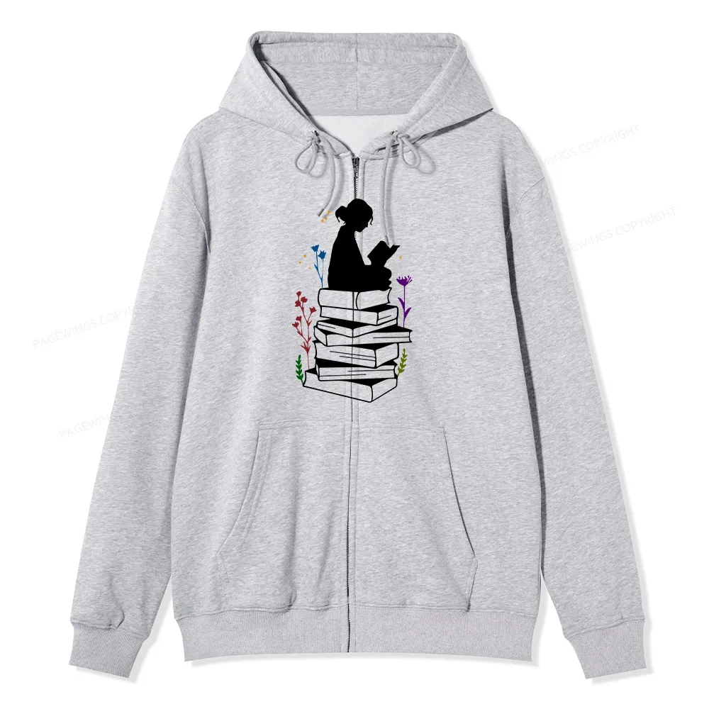 Pagewings Girl Reading Unisex Fleece Zip Up Hoodie