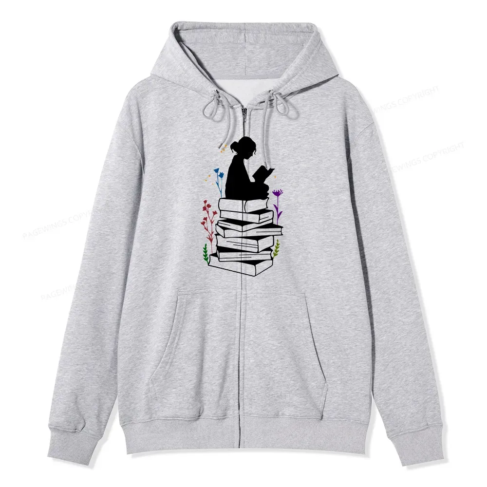 Pagewings Girl Reading Unisex Fleece Zip Up Hoodie