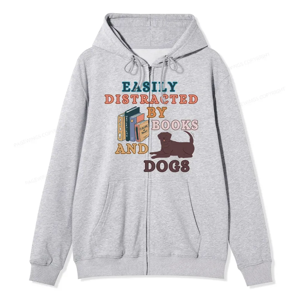 Pagewings Easily Distracted By Books And Labrador Unisex Fleece Zip Up Hoodie
