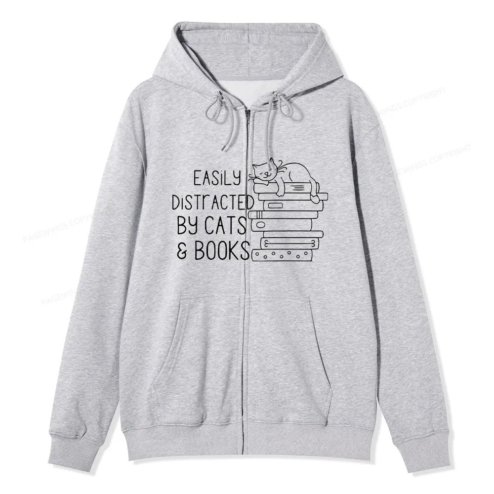 Pagewings Easily Distracted By Cats and Books Unisex Fleece Zip Up Hoodie