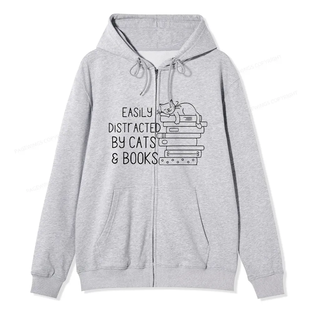 Pagewings Easily Distracted By Cats and Books Unisex Fleece Zip Up Hoo