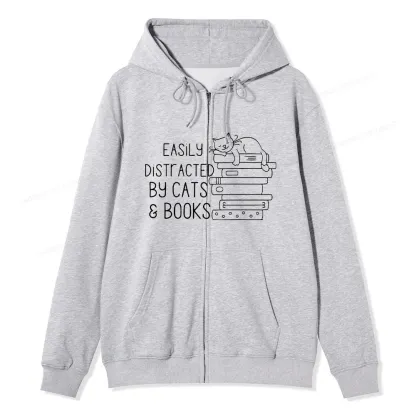 Pagewings Easily Distracted By Cats and Books Unisex Fleece Zip Up Hoodie