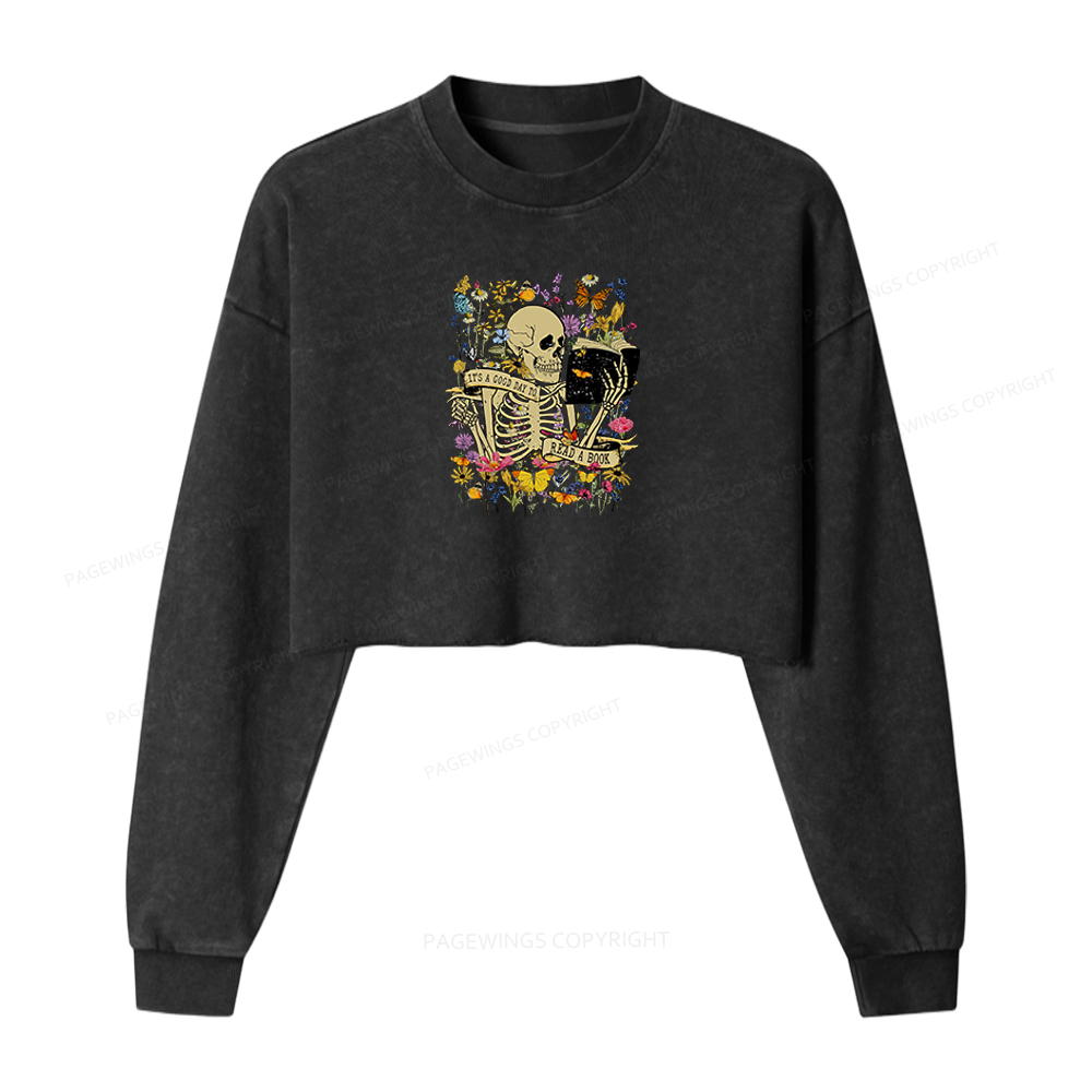 Pagewings Skull Skeleton Reading Book Washed Crop Sweatshirt
