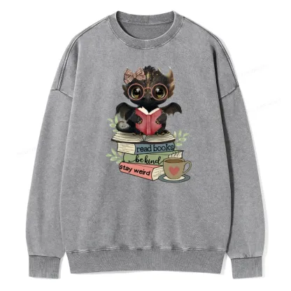 Pagewings Cute Dragon Read Books Be Kind Stay Weird Unisex Washed Sweatshirt