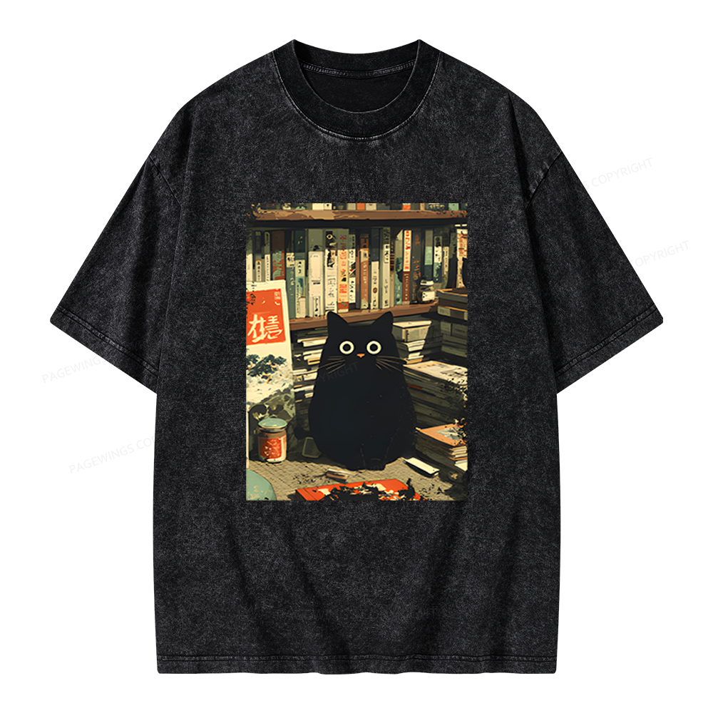 Pagewings Vintage Cat Book Lovers Unisex Washed T-shirt