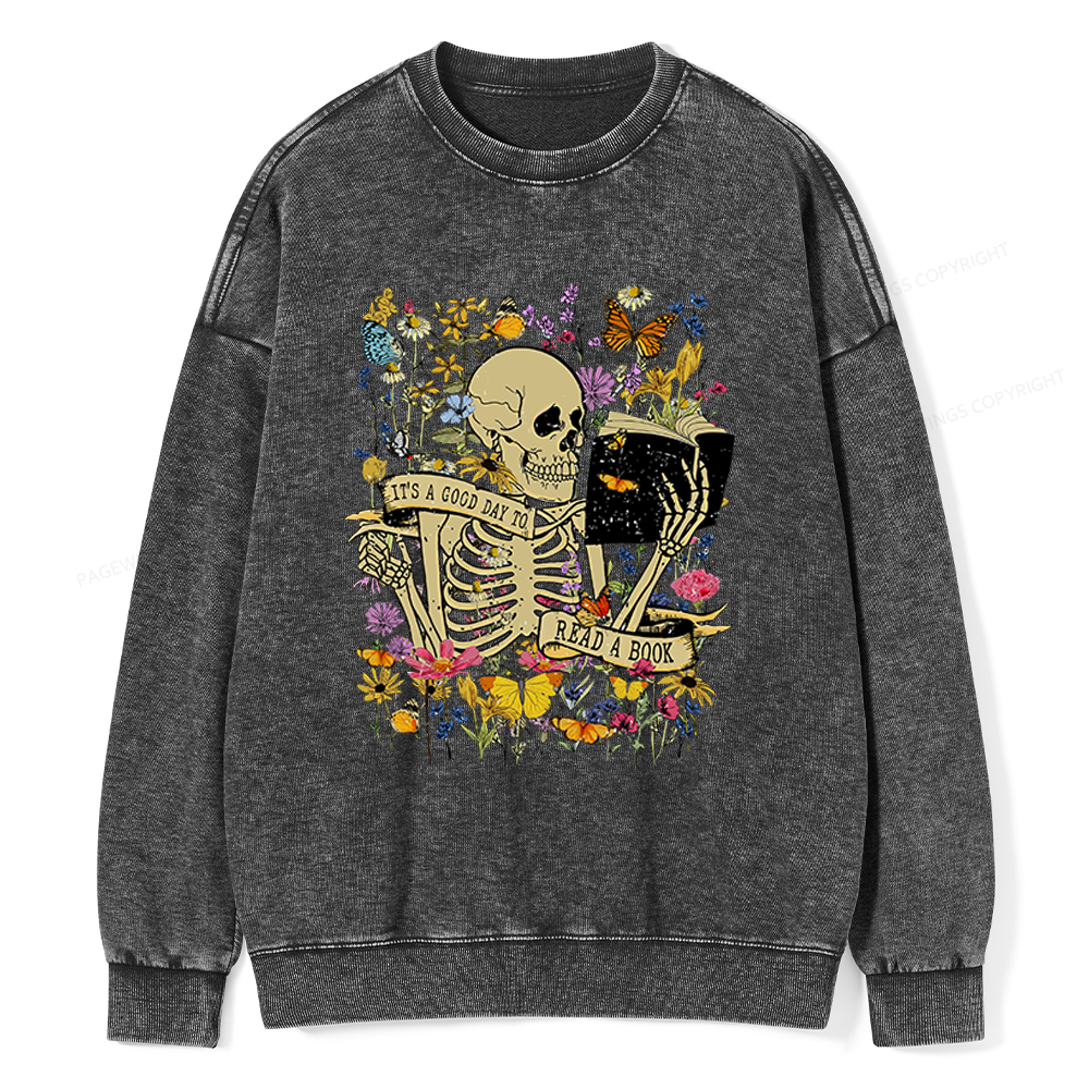 Pagewings Skull Skeleton Reading Book Unisex Washed Sweatshirt