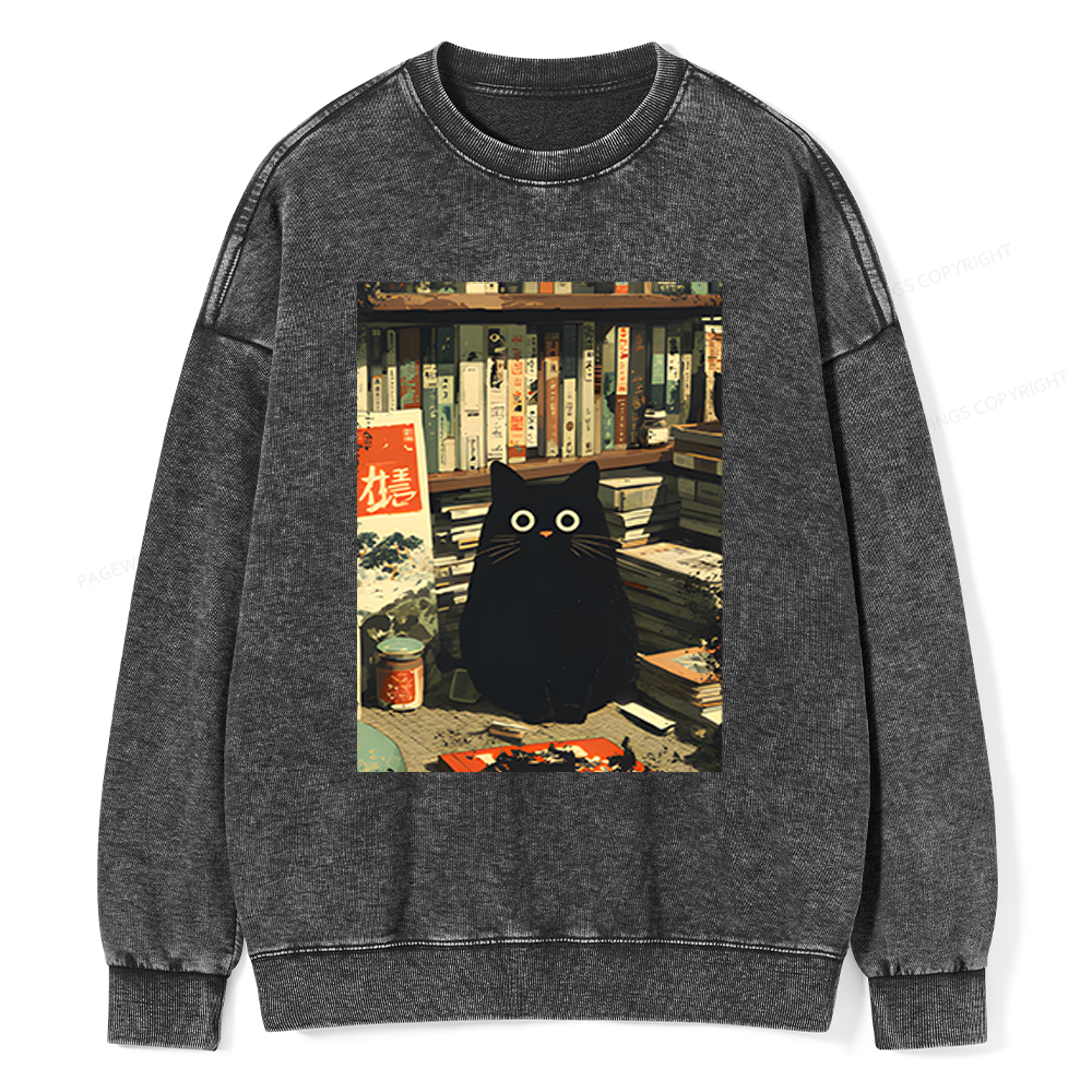 Pagewings Vintage Cat Book Lovers Unisex Washed Sweatshirt