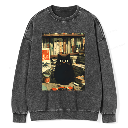 Pagewings Vintage Cat Book Lovers Unisex Washed Sweatshirt