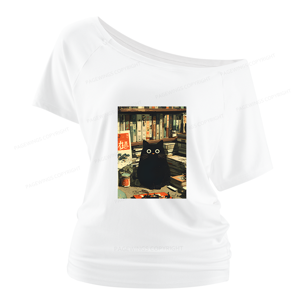 Pagewings Vintage Cat Book Lovers Women Off Shoulder T-shirts