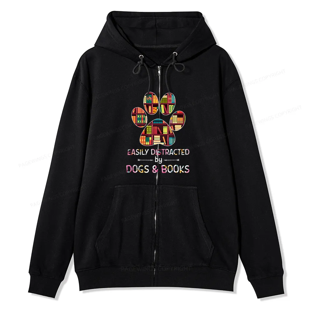 Pagewings Easily Distracted By Dogs And Books Unisex Fleece Zip Up Hoodie