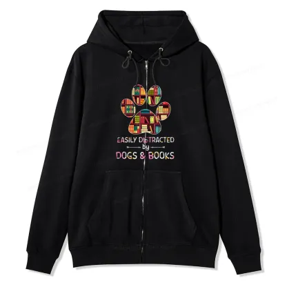 Pagewings Easily Distracted By Dogs And Books Unisex Fleece Zip Up Hoodie