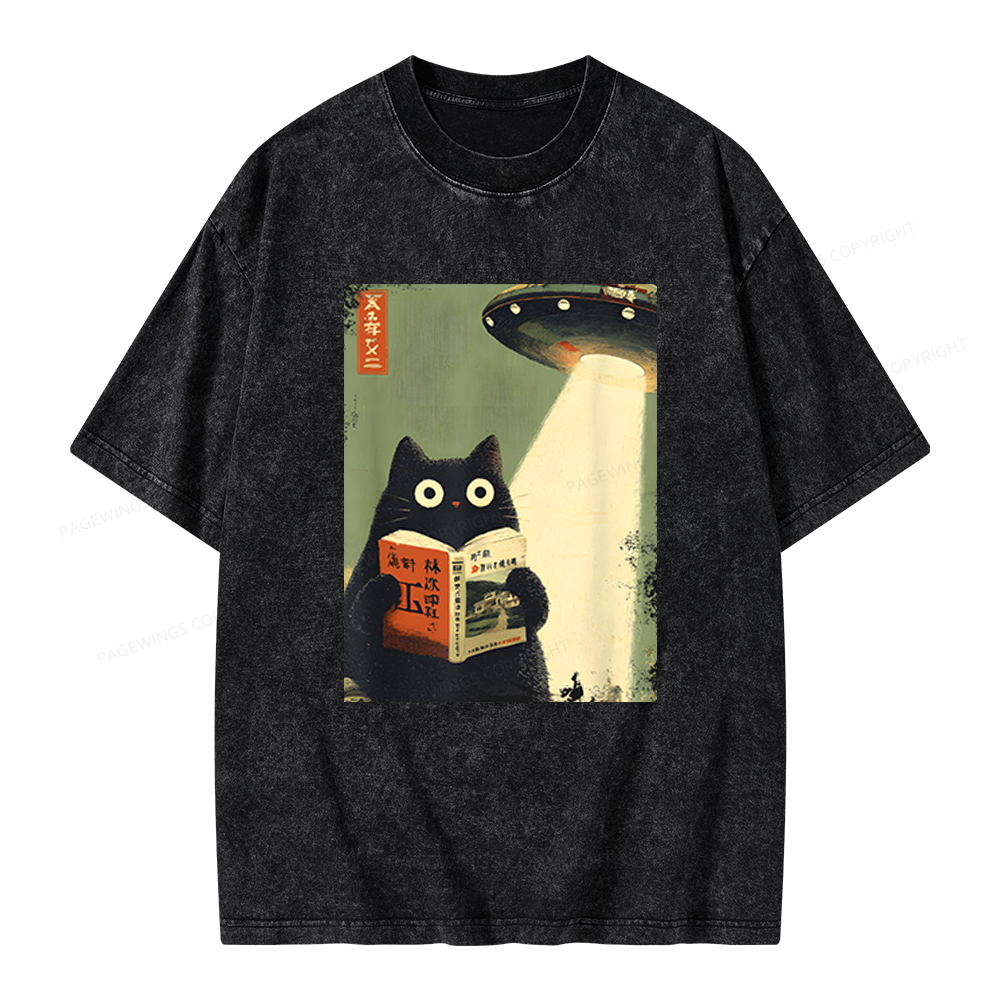 Pagewings Vintage Cat Book Lovers Unisex Washed T-shirt
