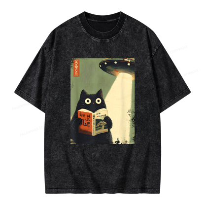 Pagewings Vintage Cat Book Lovers Unisex Washed T-shirt