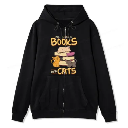 Pagewings All I Need Is Books And Cats Unisex Fleece Zip Up Hoodie