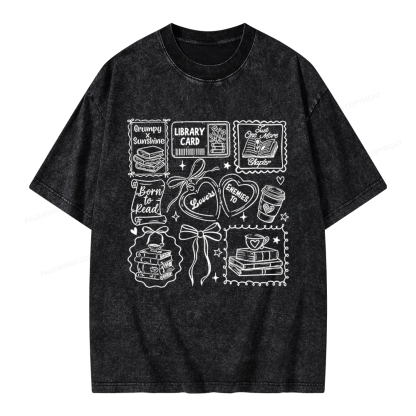 Pagewings Retro Book And Coffee Unisex Washed T-shirt