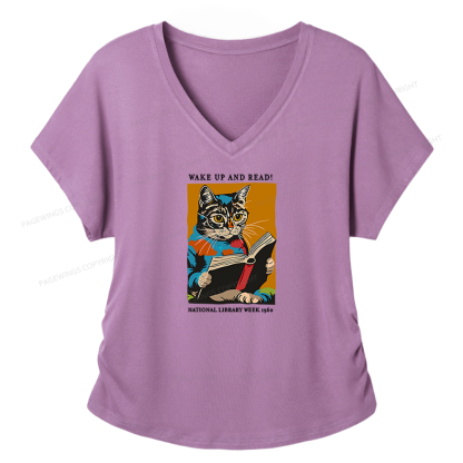 Pagewings Cat Reading Poster Soft Women's Modal V-neck T-shirt